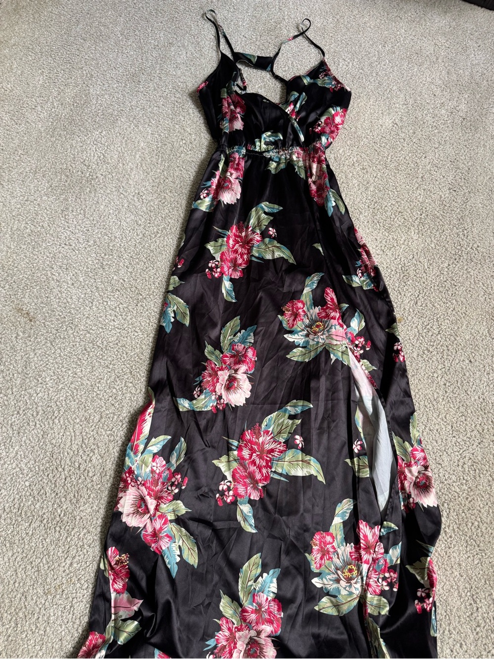 GBG Los Angeles Black Floral Maxi Dress with Pink & Green Accents boho sexy